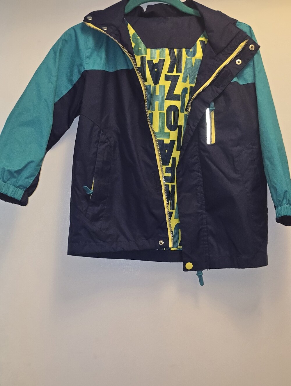 Kids Hooded Raincoat in Teal & Navy with Yellow Accents